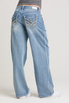 Grace in LA women’s light wash wide leg jeans with decorative back flap pockets