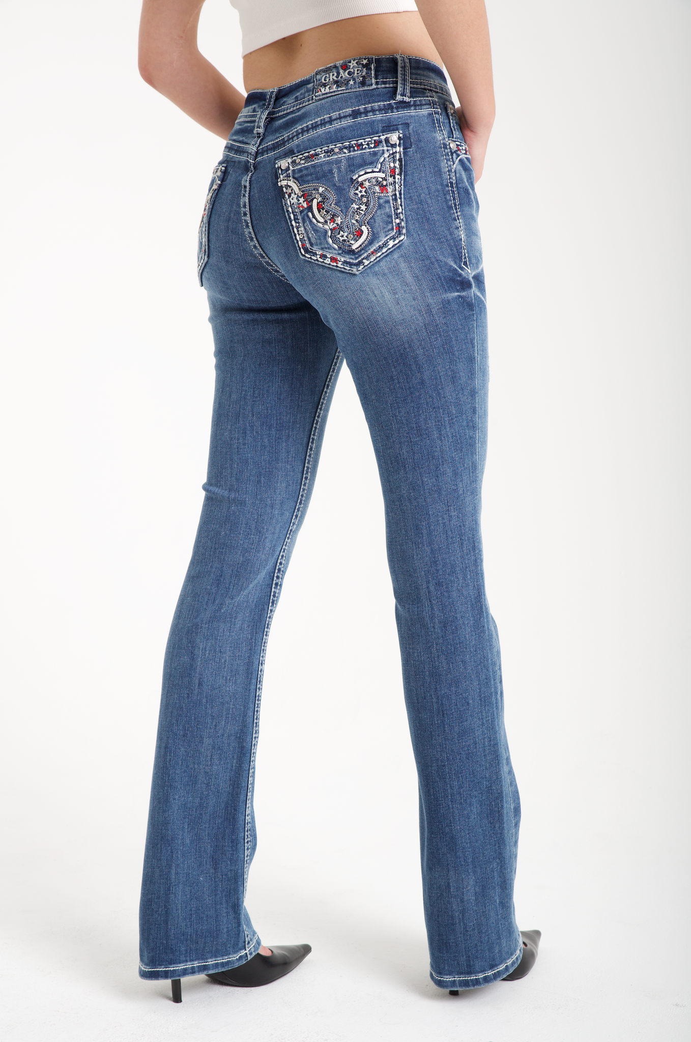 American Steer Head Embellished Mid Rise Bootcut Jeans