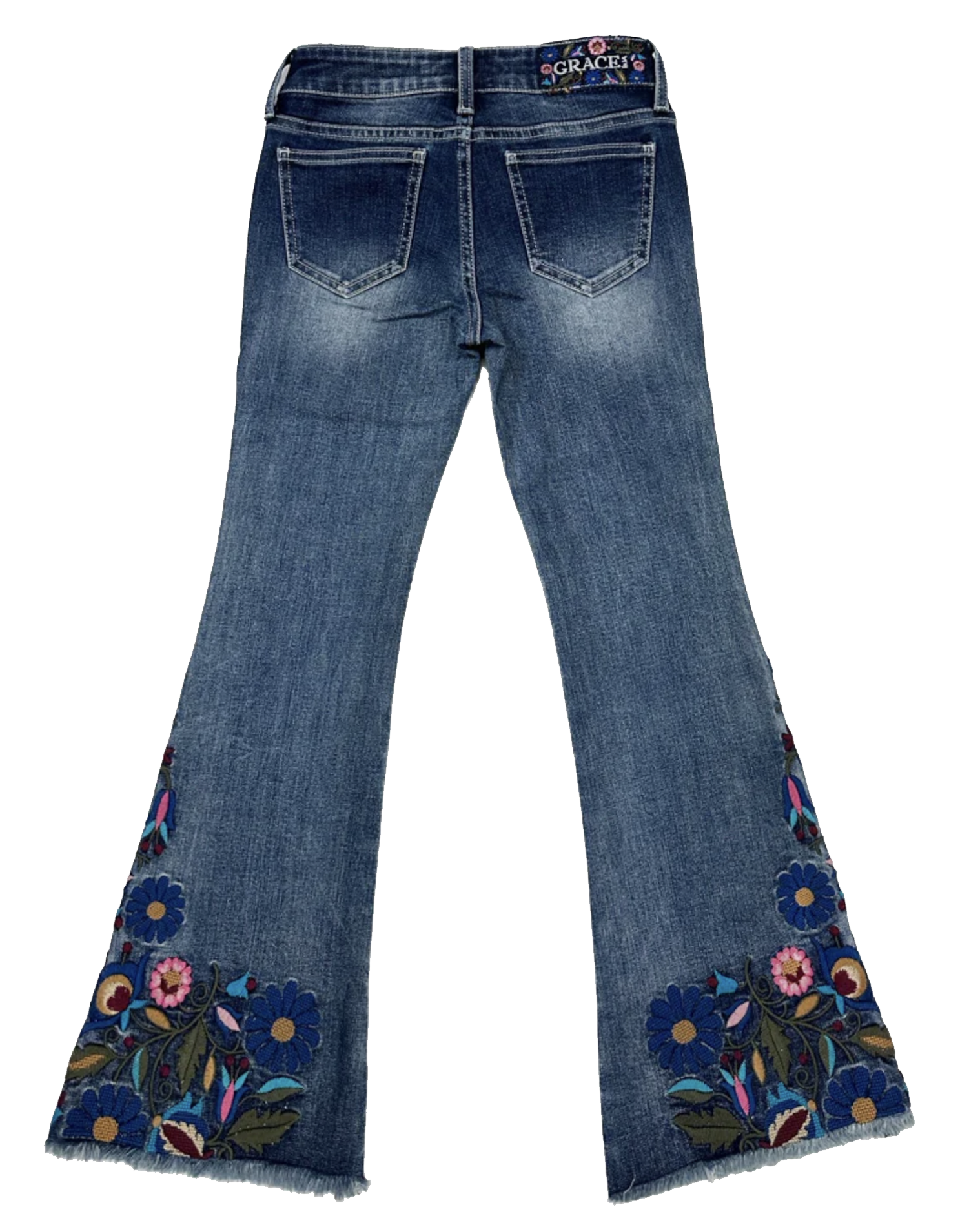 Floral Embroidery on Hem Boho Girls Flare Jeans