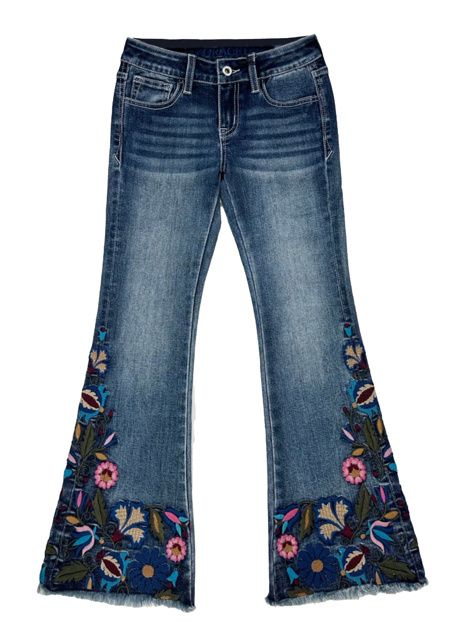 Floral Embroidery on Hem Boho Girls Flare Jeans