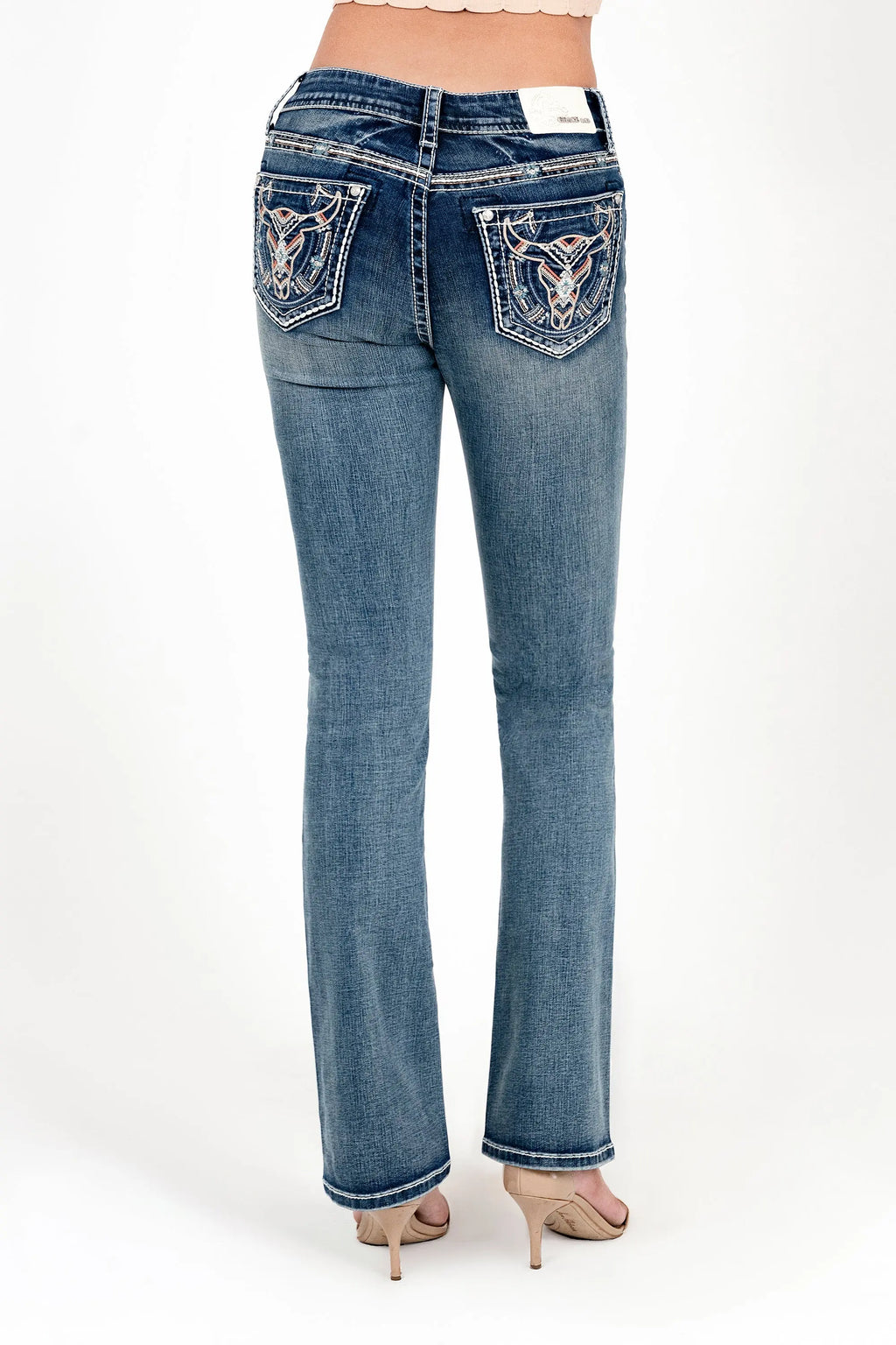 Steer Head Colorful Embroidery Mid Rise Embellished Women's Bootcut Jeans Grace in LA - Denim