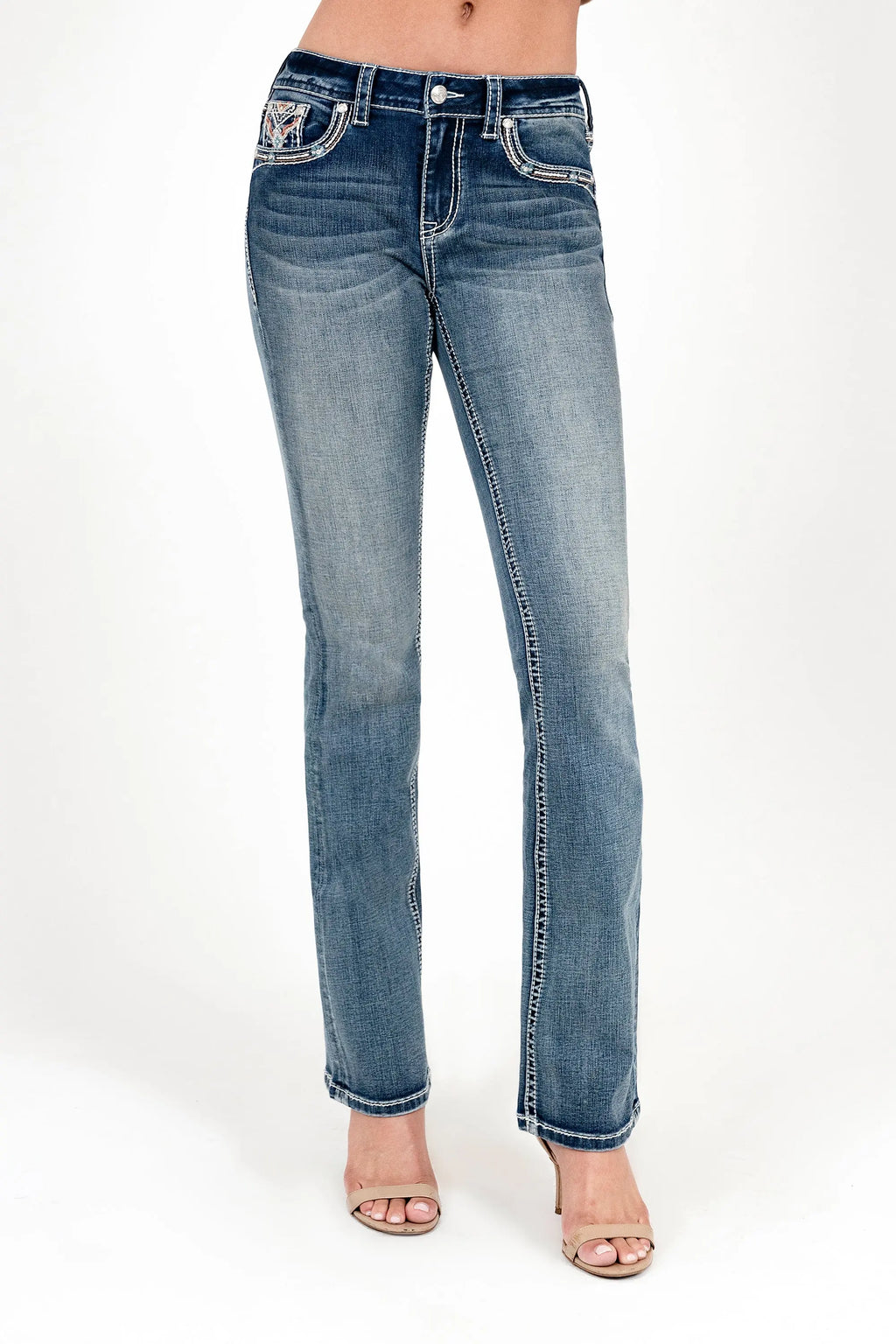 Steer Head Colorful Embroidery Mid Rise Embellished Women's Bootcut Jeans Grace in LA - Denim