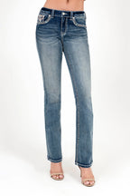 Steer Head Colorful Embroidery Mid Rise Embellished Women's Bootcut Jeans Grace in LA - Denim