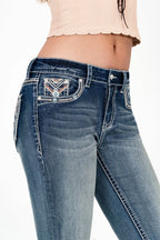 Steer Head Colorful Embroidery Mid Rise Embellished Women's Bootcut Jeans Grace in LA - Denim