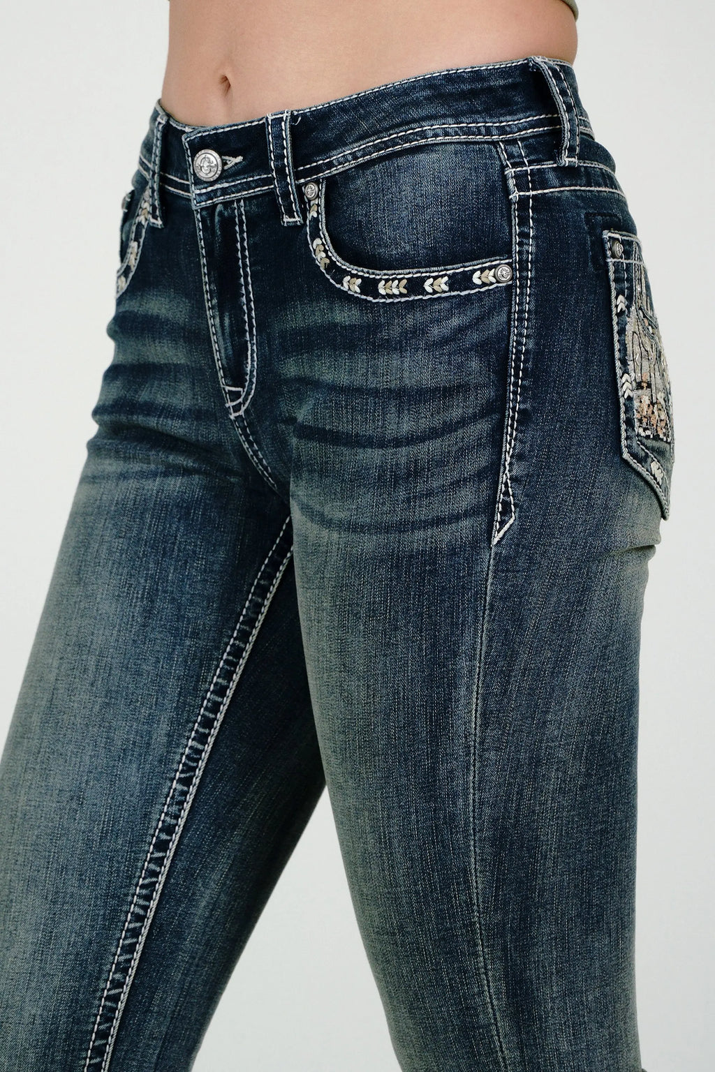 Steer Head /Mountain View Embellished Mid Rise  Bootcut Jeans Grace in LA - Denim
