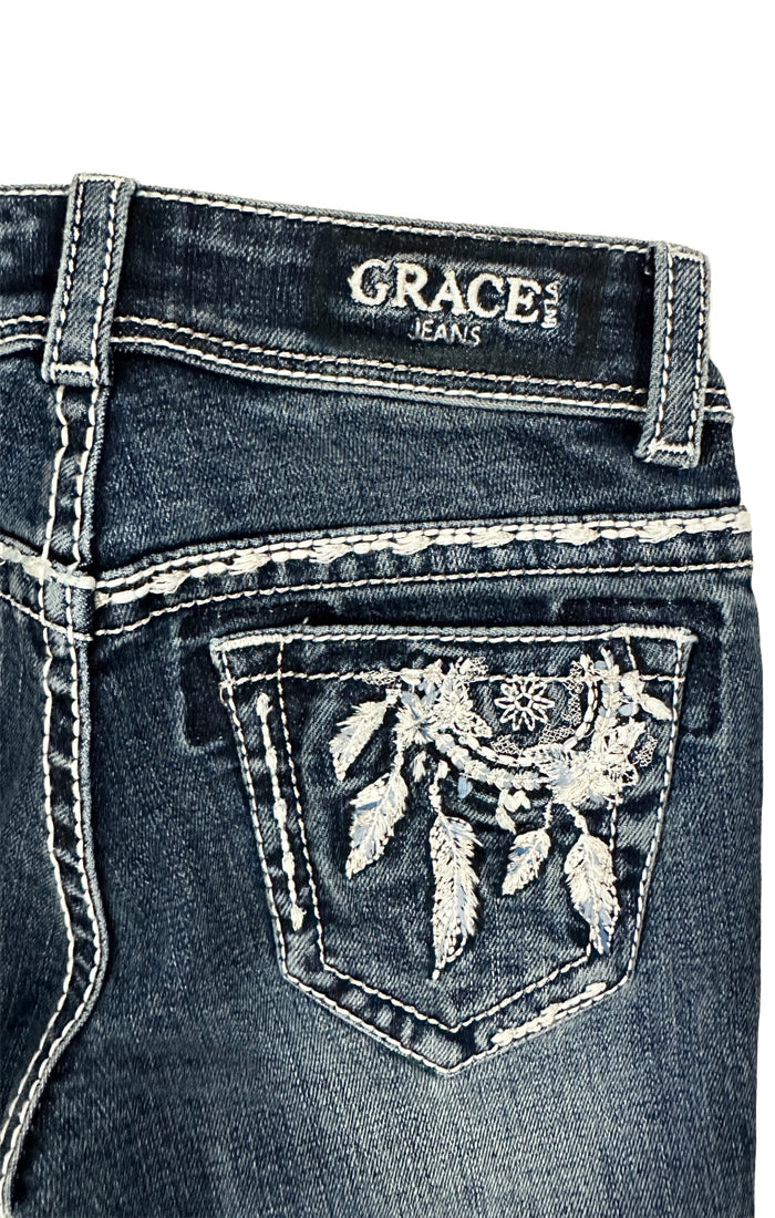 Dream Catcher Detail Embroidery Girls Bootcut Jeans (Dark Blue)