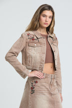 Camel Floral Embroidered Denim Jacket