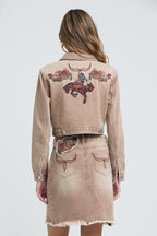 Camel Floral Embroidered Denim Jacket
