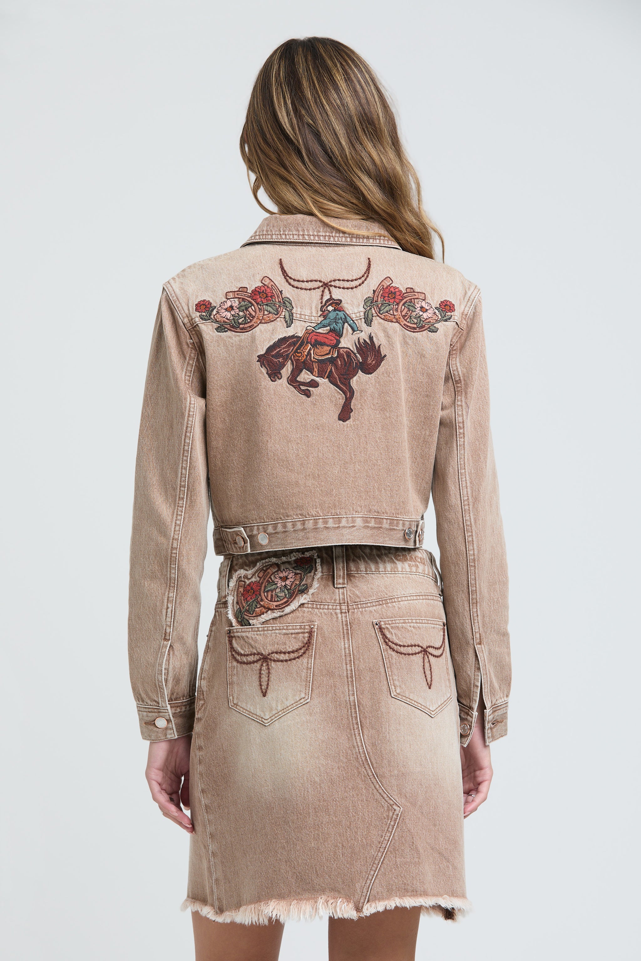 Camel Floral Women's Embroidered Denim Jacket