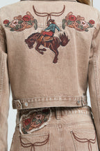 Camel Floral Embroidered Denim Jacket