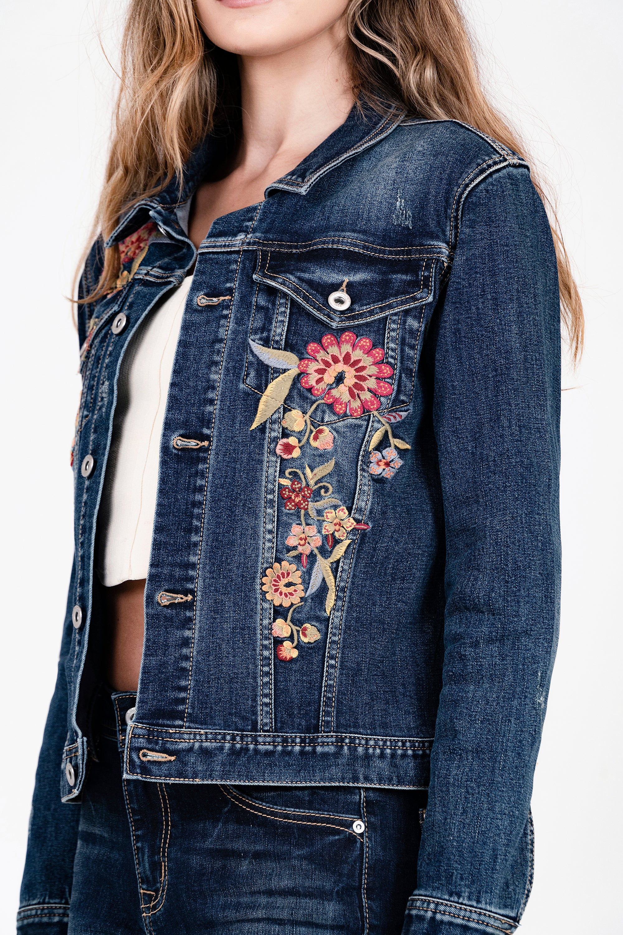 Pink Flowers Embroidered Denim Jacket (Dark Blue)