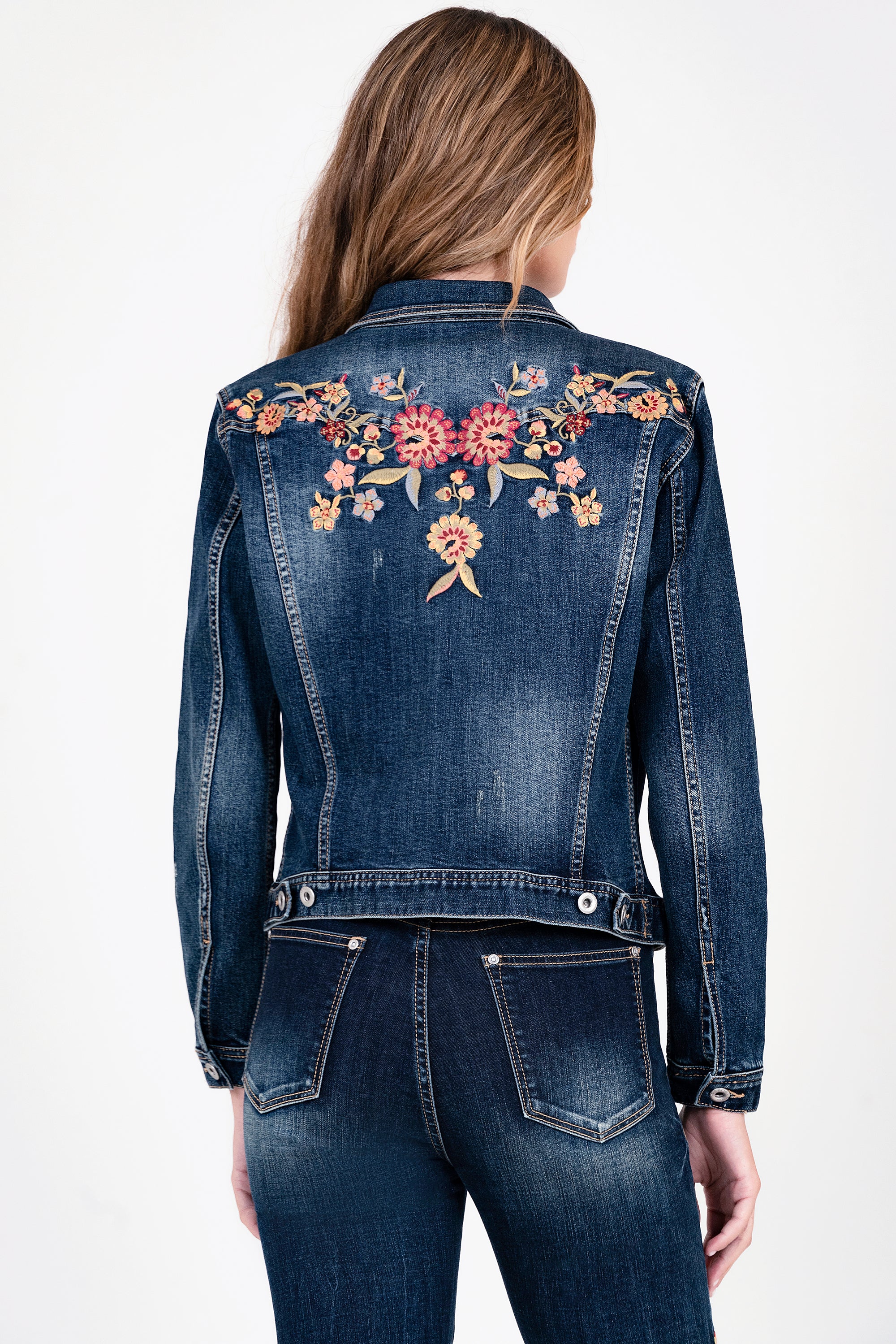 Pink Flowers Embroidered Denim Jacket (Dark Blue)