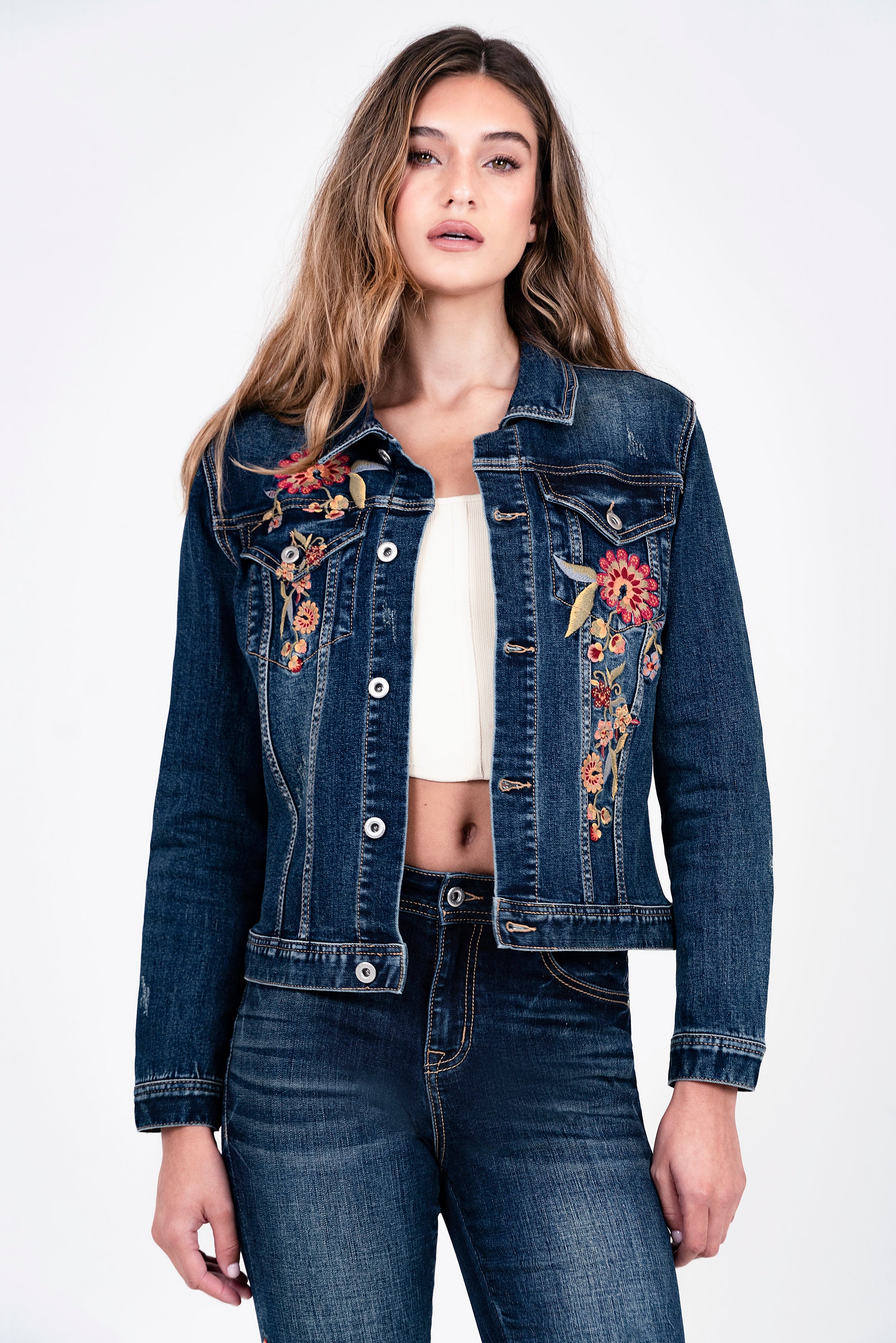 Floral Embroidered Blue Women's Denim Jacket