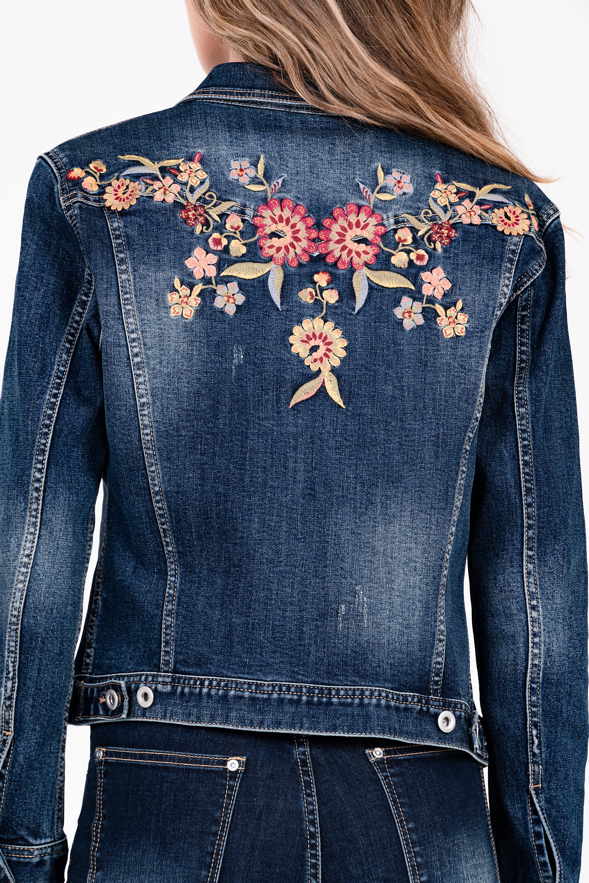 Floral Embroidered Blue Women's Denim Jacket