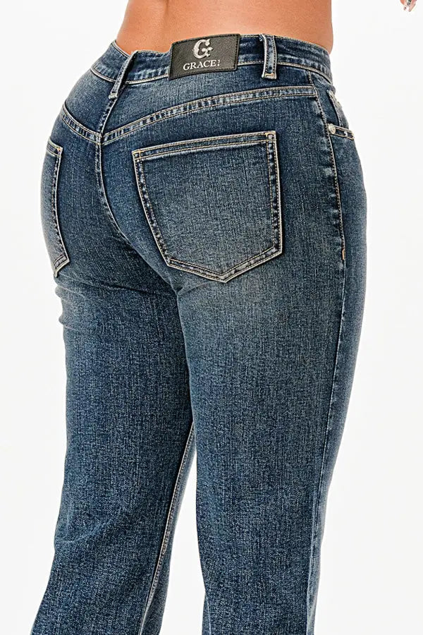 The Stuns Trim Detail  Med Blue Mid Rise Straight Leg Jeans Grace in LA - Denim