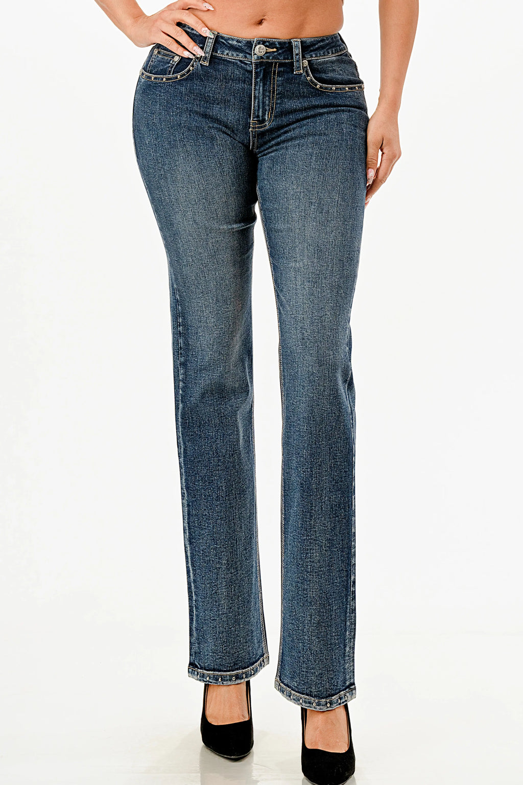 The Stuns Trim Detail  Med Blue Mid Rise Straight Leg Jeans Grace in LA - Denim
