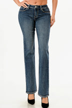 The Stuns Trim Detail  Med Blue Mid Rise Straight Leg Jeans Grace in LA - Denim