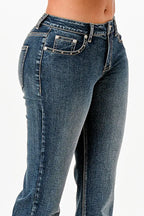 The Stuns Trim Detail  Med Blue Mid Rise Straight Leg Jeans Grace in LA - Denim