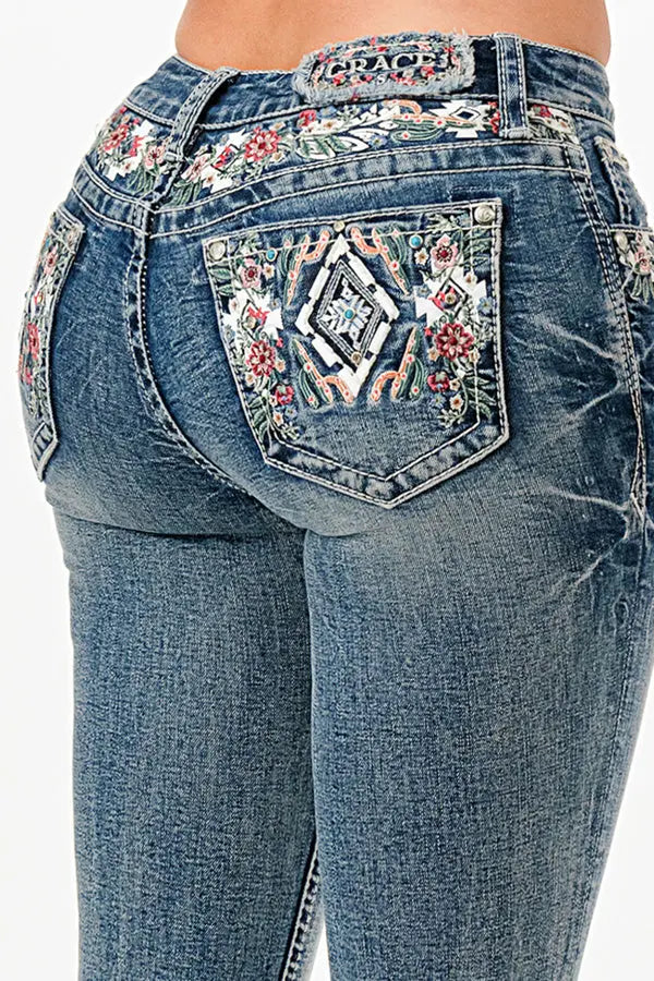 Western Flowers Rhinestone Embellished Jeans Grace in LA - Denim