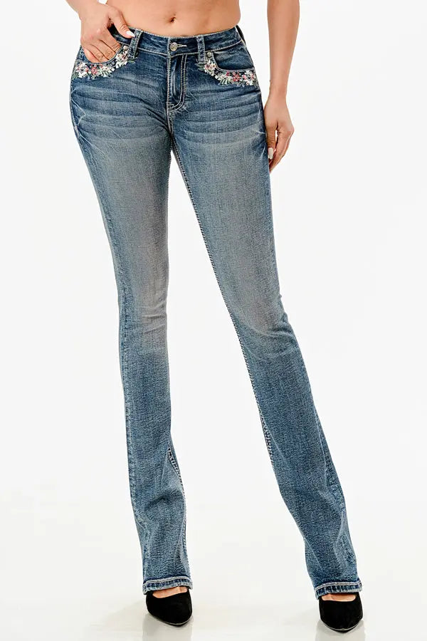 Western Flowers Rhinestone Embellished Jeans Grace in LA - Denim