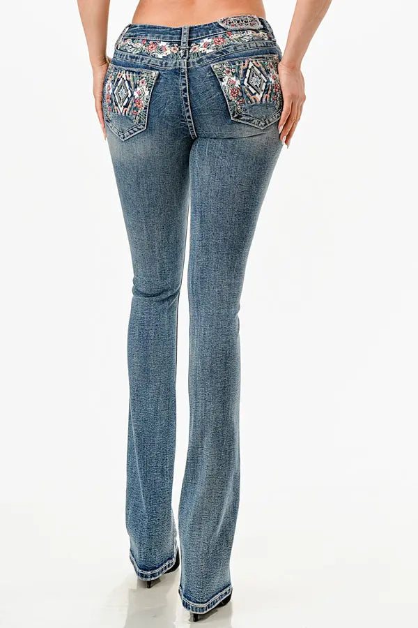 Western Flowers Rhinestone Embellished Jeans Grace in LA - Denim
