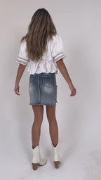 Spring Bloom Colorful Embroidered Denim Skirt