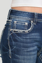 Grace in LA women's dark wash horseshoe embroidery with leather appliqué and sequin embellishment bootcut jeans styled for a western-inspired look