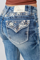 Grace in LA capri jeans back pocket detail featuring floral yoke with faux flap design