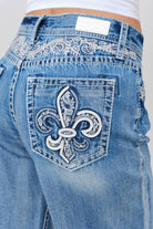 Grace in LA wide leg jeans back pocket detail featuring embroidered leather applique with yoke