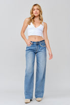 Grace in LA women's light wash mid-rise wide leg jeans, front-facing view with embroidered leather applique with yoke