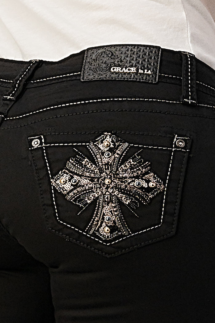 Cross Embellishment Black Bootcut Jeans